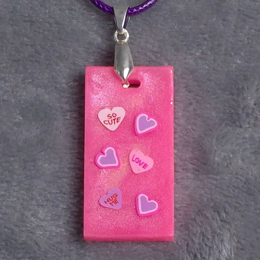 Handmade Pink Resin Necklace Purple Cord Conversation Heart Valentines Day